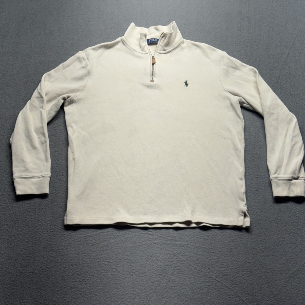 Polo Ralph Lauren Quarter Zip Pullover Mens Medium Cream White Cotton Green Pony